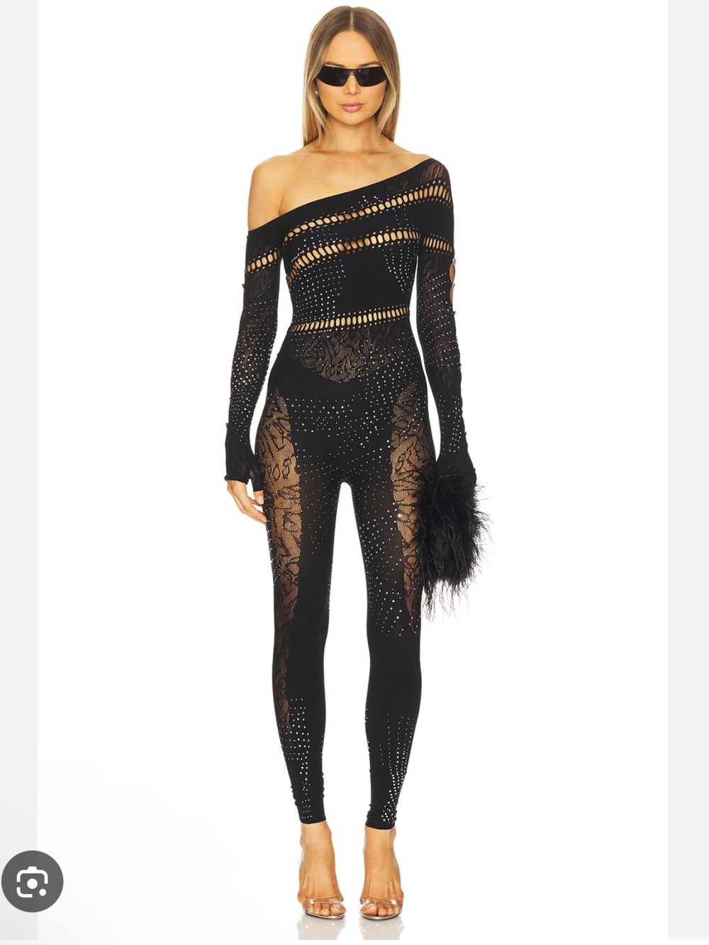 POSTER GIRL- Ivy Long Jumpsuit Black Rhinestone Lace Jumpsuit One Size Fits All